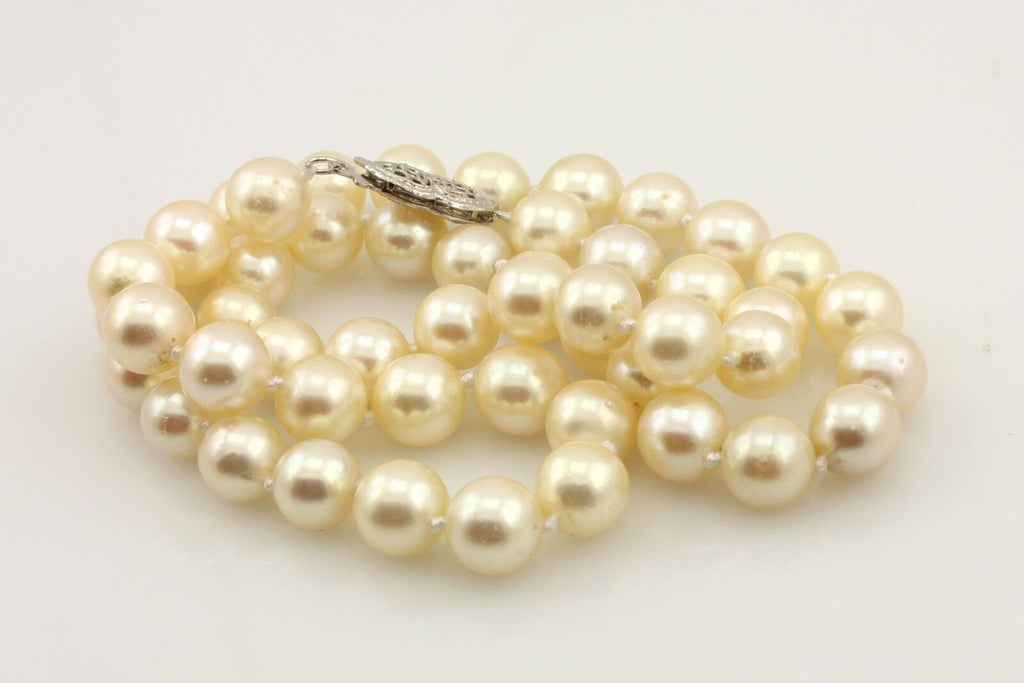 16 inch round cultured pearl strand necklace cream 7-7.5mm 14k white gold clasp