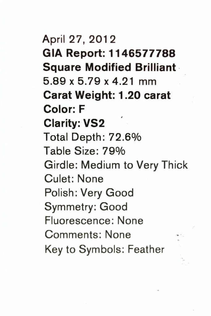 NEW GIA certified 1.20 ct princess cut diamond F VS2 5.89 x 5.79 x 4.21 mm loose