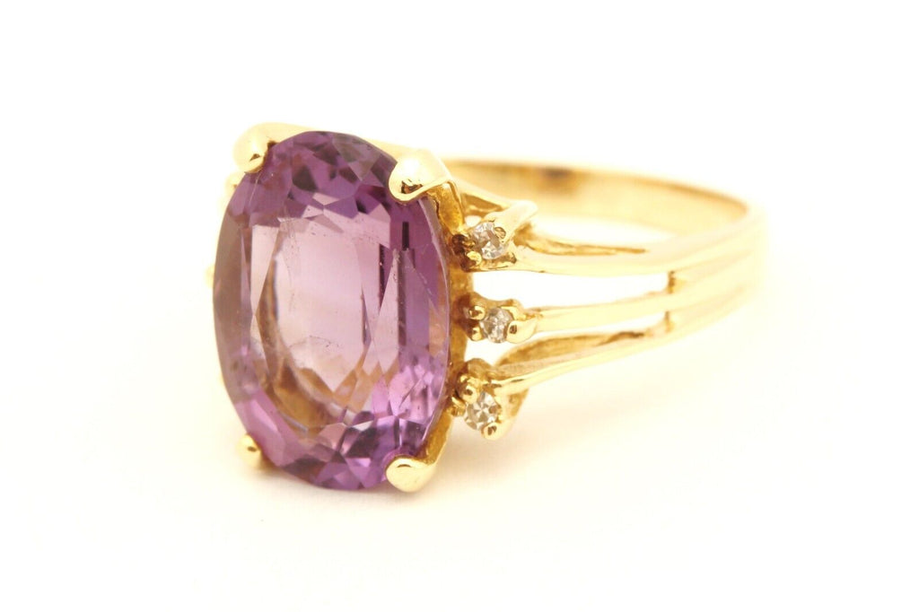 14k yellow gold 5ct oval purple amethyst 0.10ctw diamond ring sisze 8.5 4.96g