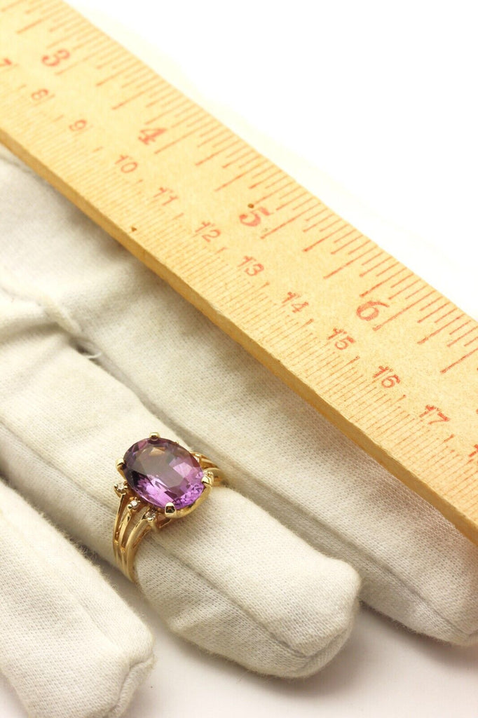 14k yellow gold 5ct oval purple amethyst 0.10ctw diamond ring sisze 8.5 4.96g