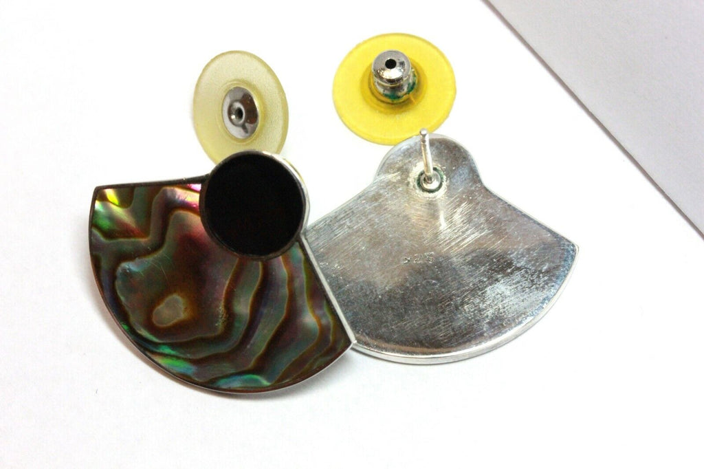 925 sterling silver abalone shell black onyx half moon stud earrings vintage 4g