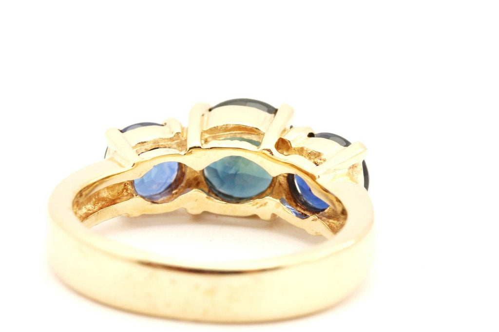 14k yellow gold 3.56ct round blue sapphire 3 stone ring size 6 5.43g estate