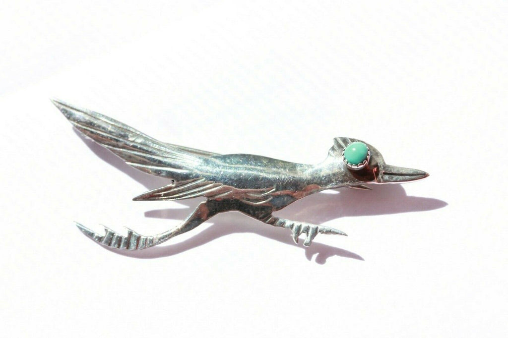 silver blue turquoise road runner pin brooch southwest 3inch 2.8g estate vintage