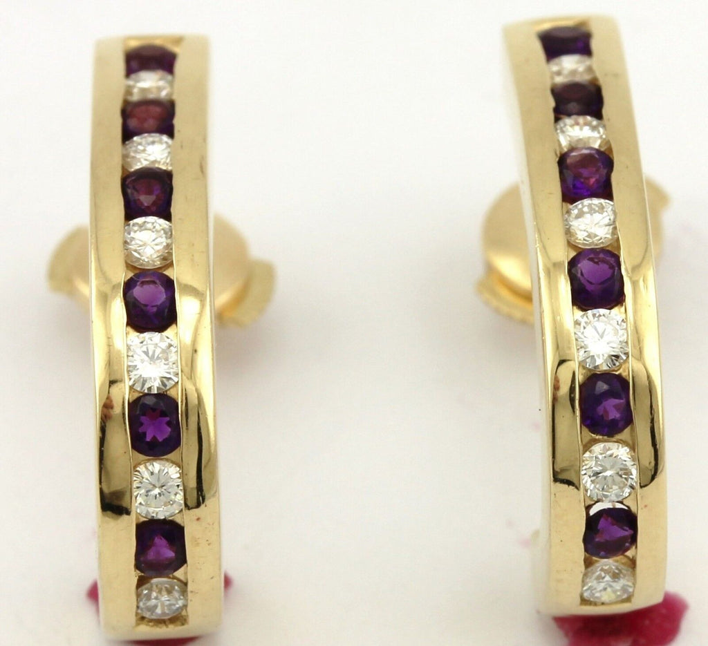 14k yellow gold round diamond amethyst 0.72ctw half-hoop huggie earrings estate