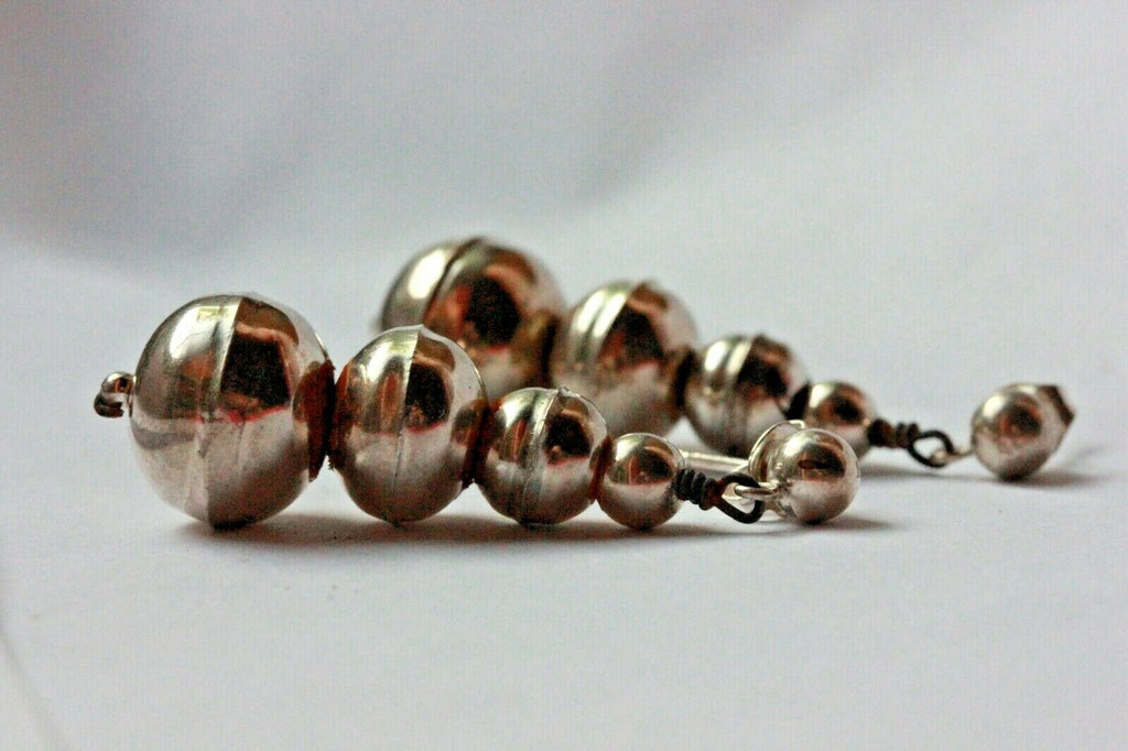 silver drop dangle earrings 2.5 inch graduated hollow beads 3 to12 mm 5.3g stud