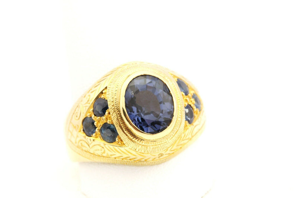 18k yellow gold purple spinel blue sapphire ring size 12.75 band 9.41g estate