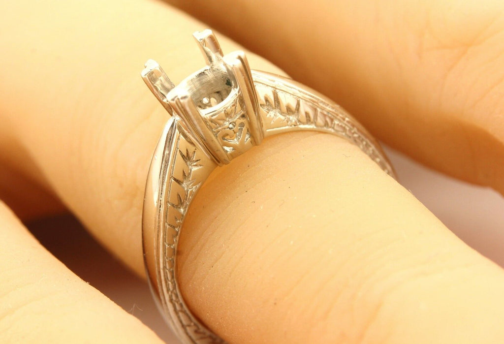 Platinum Solitaire Engagement Ring Setting Deco Engraved Cathedral Square Shank