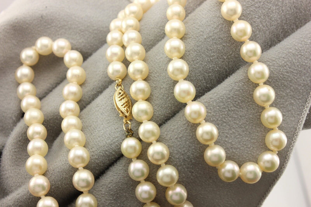 14k yellow gold 30" 6 - 6.5mm round cream cultured pearl strand necklace estate