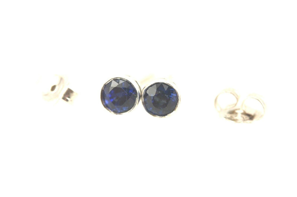 14k white gold 4mm round blue sapphire bezel stud earrings .56ctw estate
