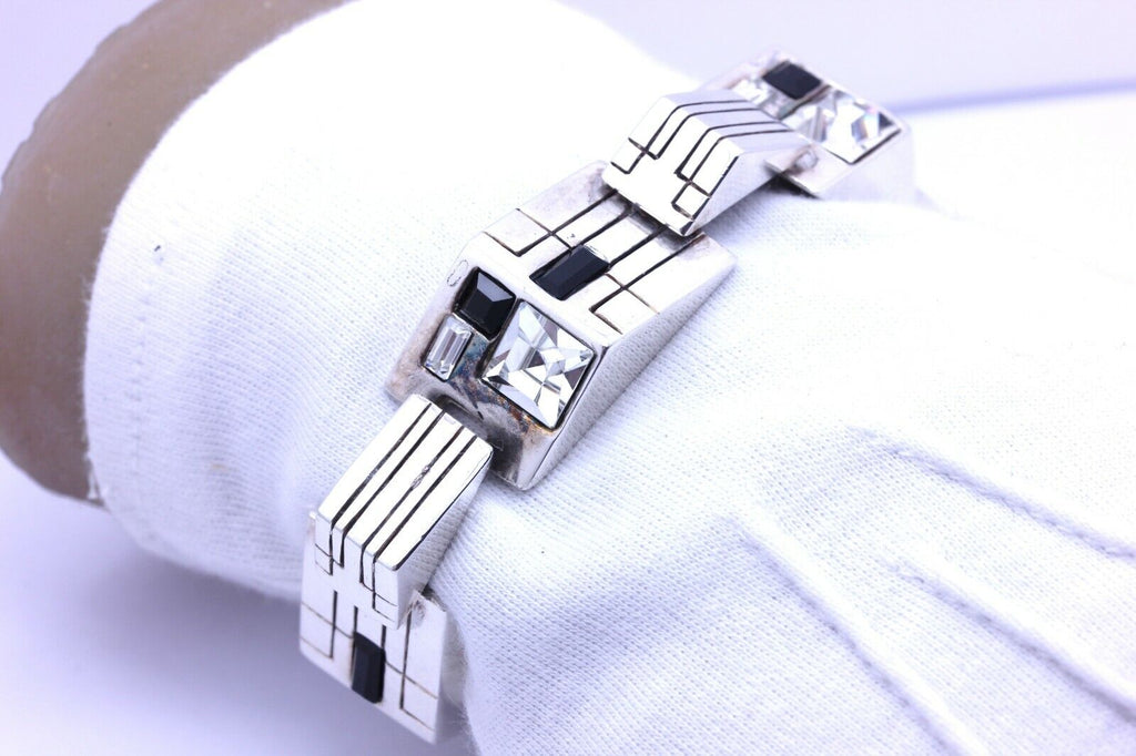 sterling silver 7 inch 15mm bracelet tab clasp CZ black onyx art deco 64.89g