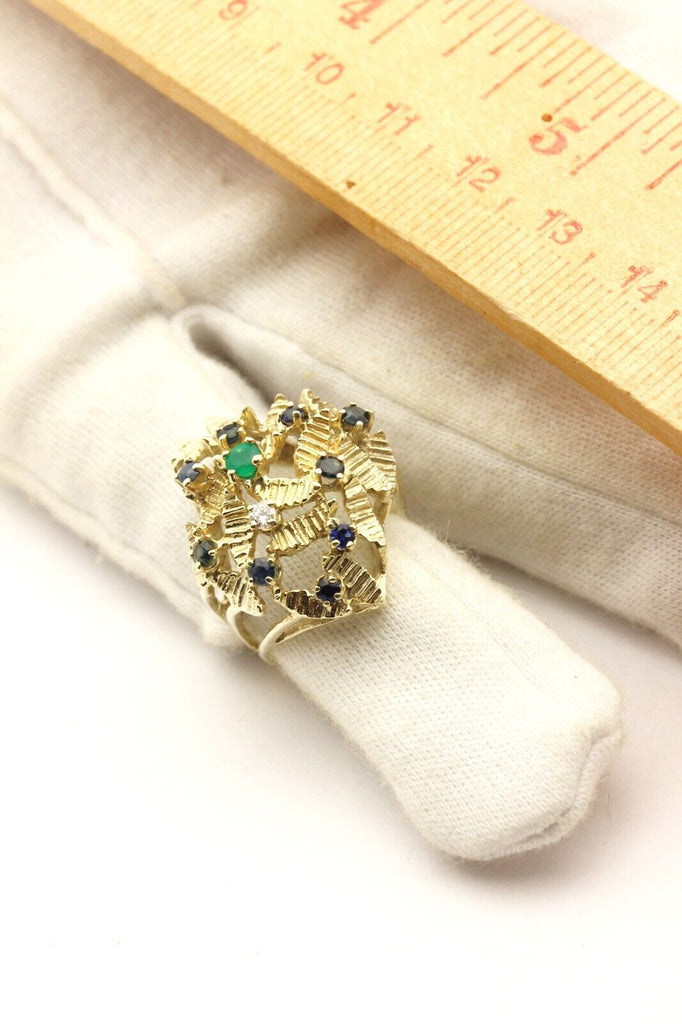 14k yellow gold cocktail lear ring diamond sapphire chyrsoprase size 6 7.39g