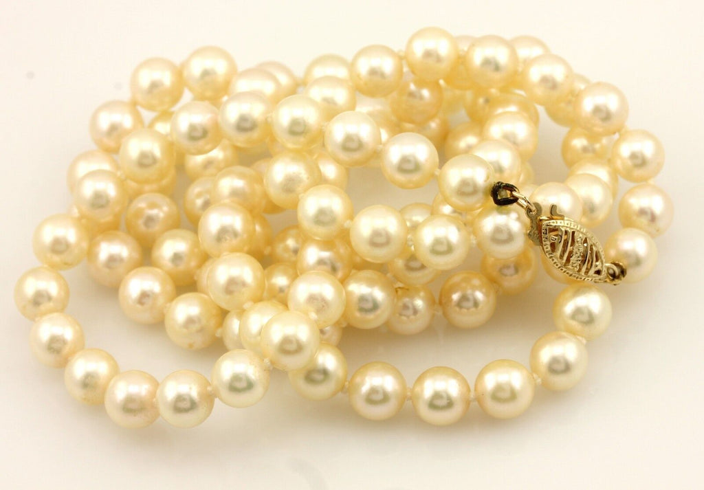 14k yellow gold 30" 6 - 6.5mm round cream cultured pearl strand necklace estate
