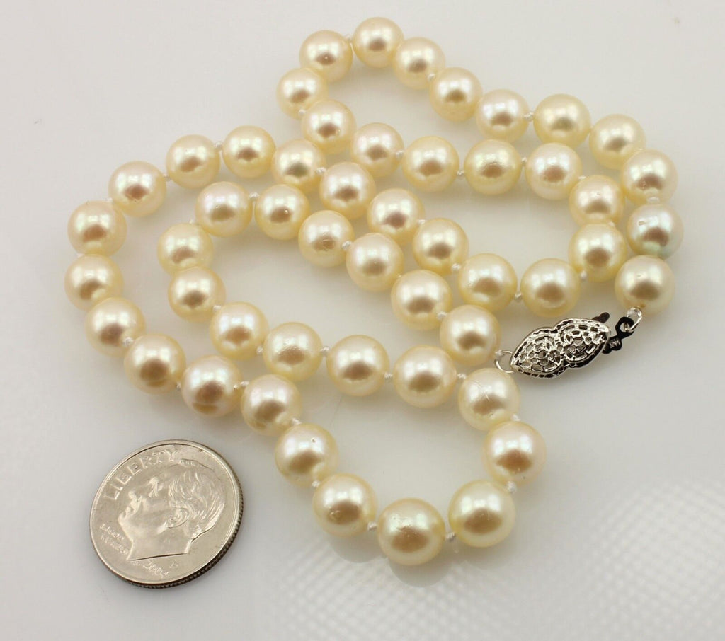 16" 7-7.5mm round cream cultured pearl necklace 14k white gold doubleheart clasp