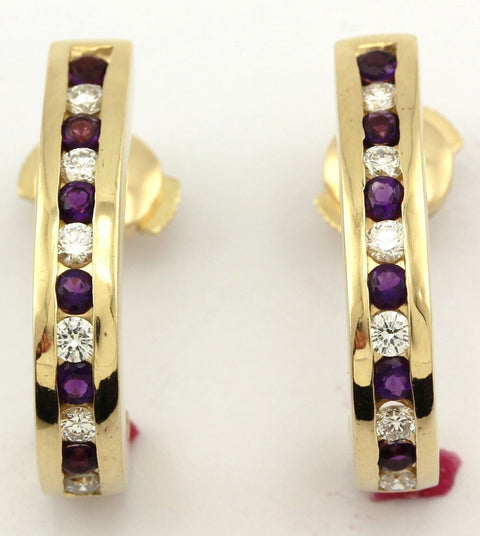 14k yellow gold round diamond amethyst 0.72ctw half-hoop huggie earrings estate