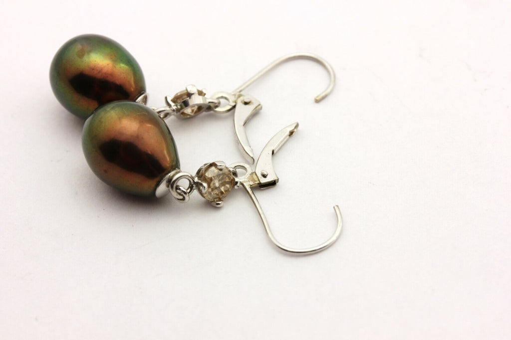 14k white gold 9.5mm chocolate pearls 0.64ctw diamond dangle drop earrings NEW