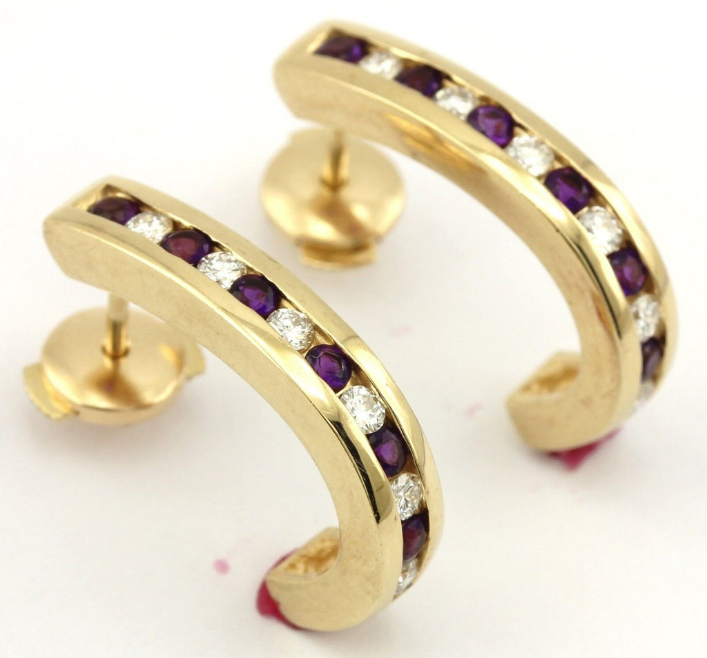 14k yellow gold round diamond amethyst 0.72ctw half-hoop huggie earrings estate