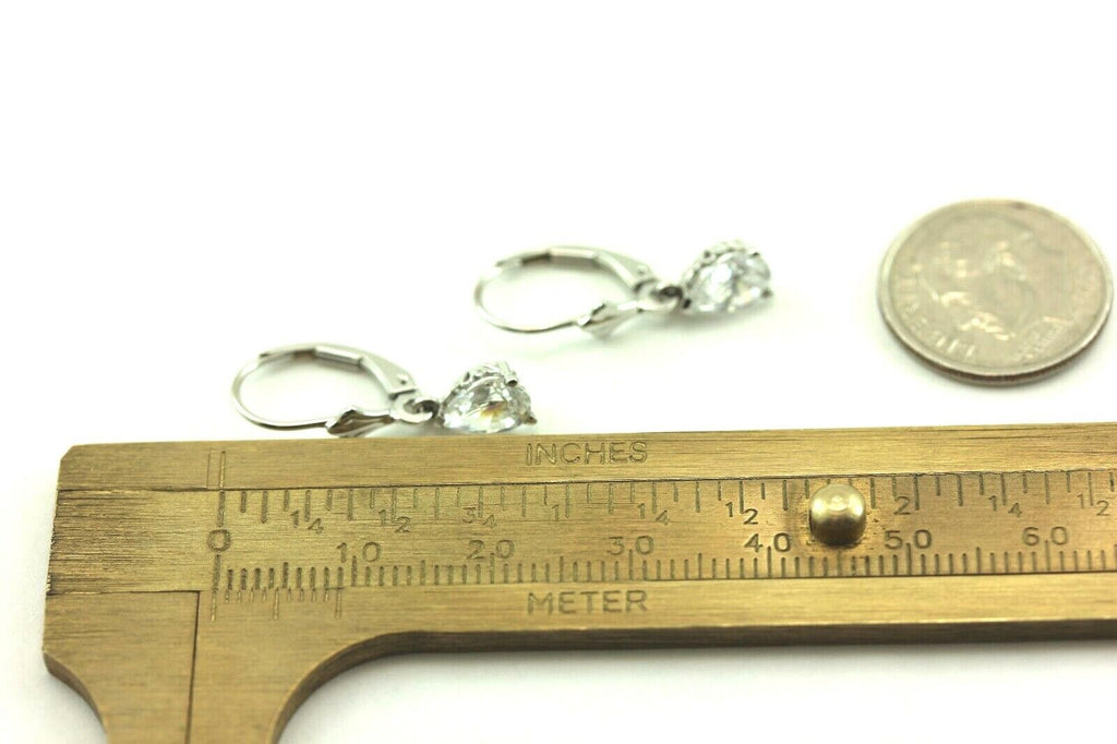 14k white gold 7.5mm CZ pear dangle earrings scroll fleur de lis leverback NEW