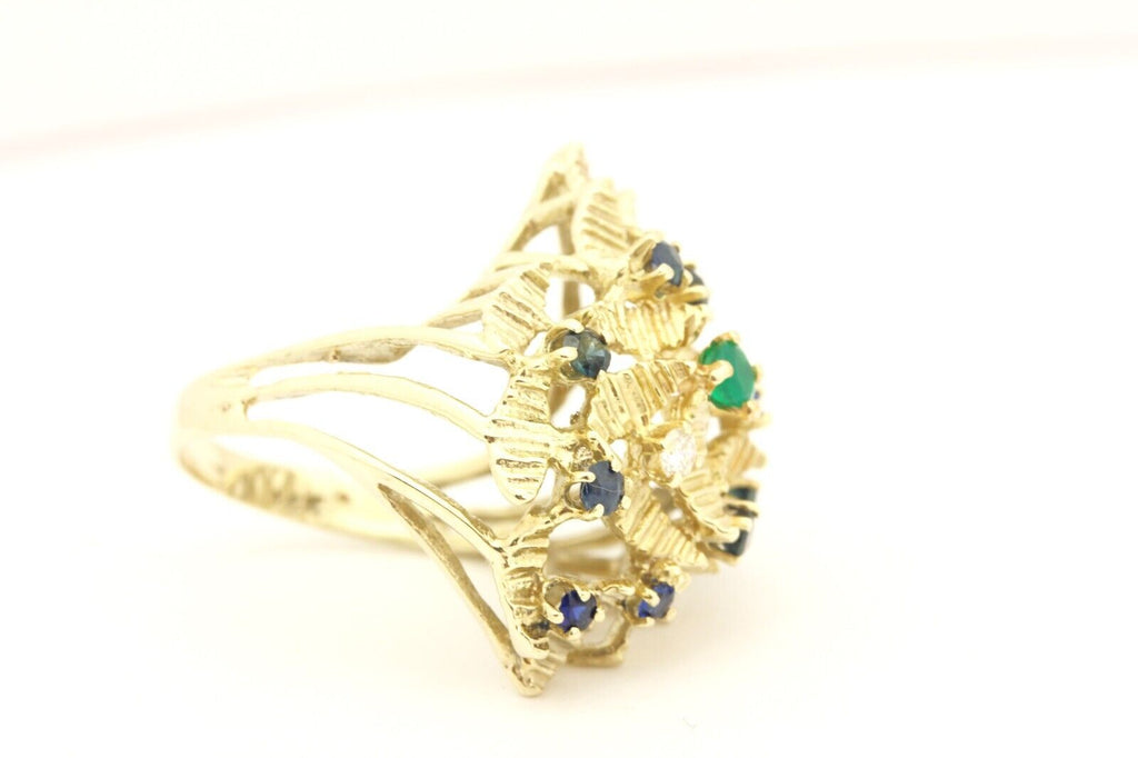 14k yellow gold cocktail lear ring diamond sapphire chyrsoprase size 6 7.39g