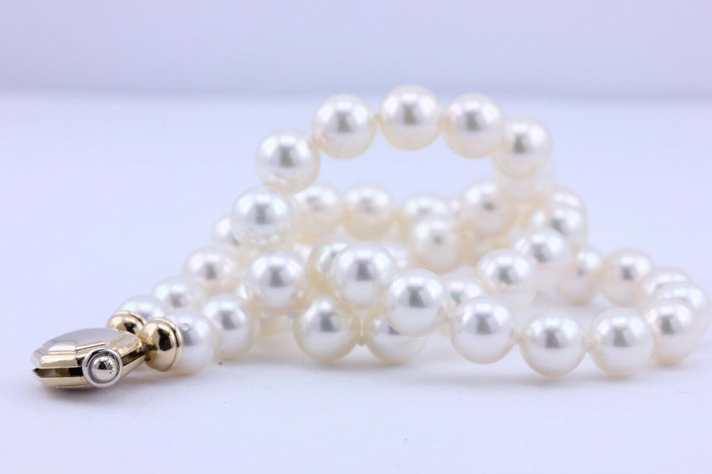 Akoya pearl strand necklace 8mm 18 inch round white 7.5-8m 14k gold clasp estate