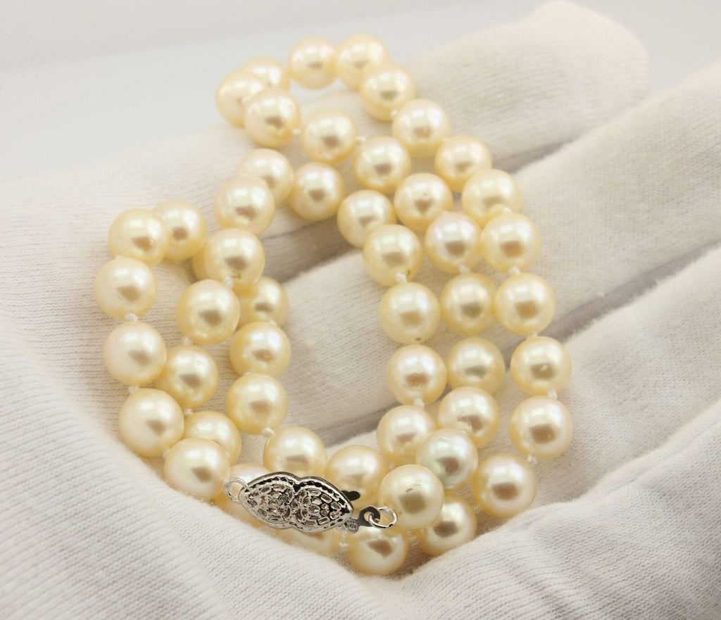 16" 7-7.5mm round cream cultured pearl necklace 14k white gold doubleheart clasp