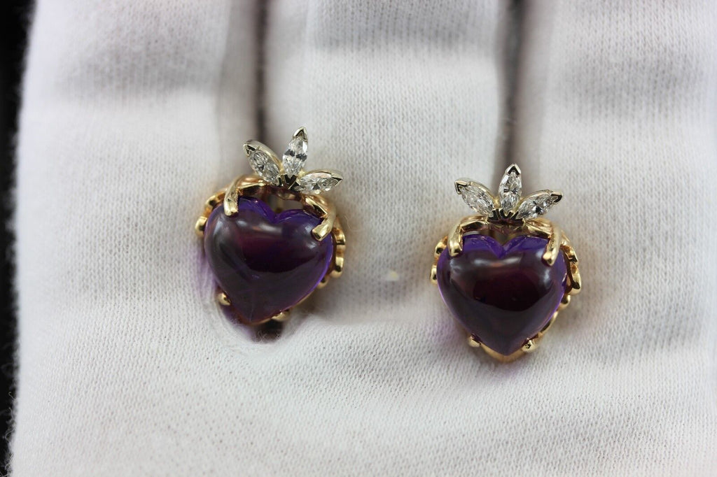 14k yellow gold purple amethyst heart diamond omega pierced earrings estate