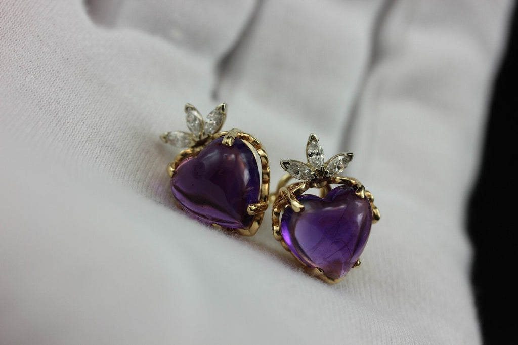 14k yellow gold purple amethyst heart diamond omega pierced earrings estate