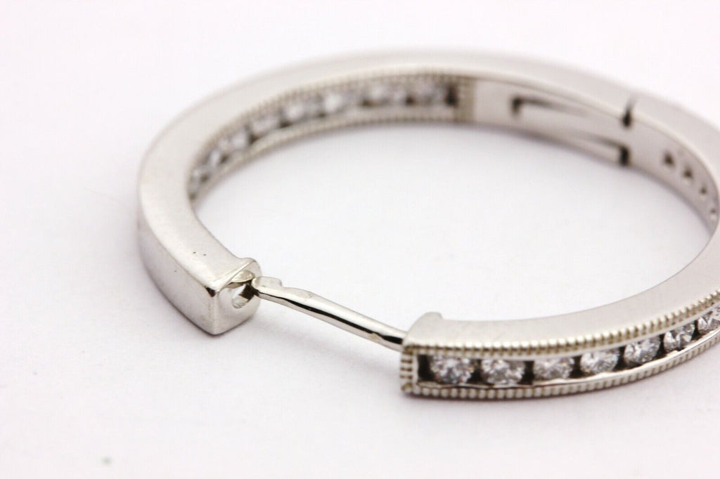 14k white gold 1.04ctw round diamond inside outside hoop earrings 2mm 1" estate