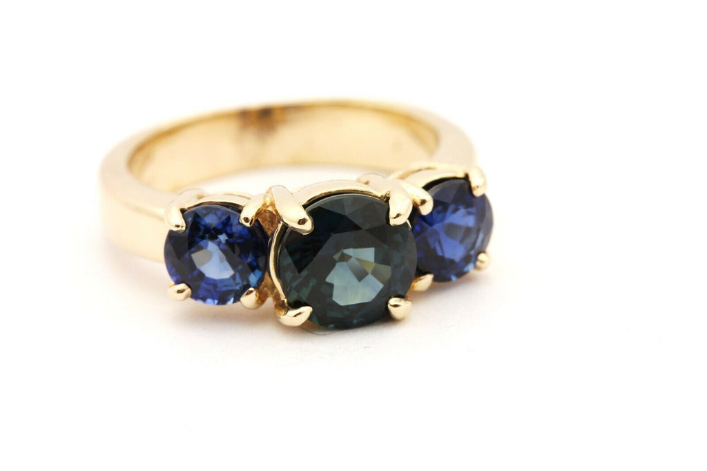 14k yellow gold 3.56ct round blue sapphire 3 stone ring size 6 5.43g estate