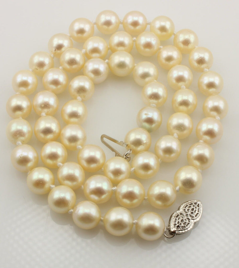 16" 7-7.5mm round cream cultured pearl necklace 14k white gold doubleheart clasp