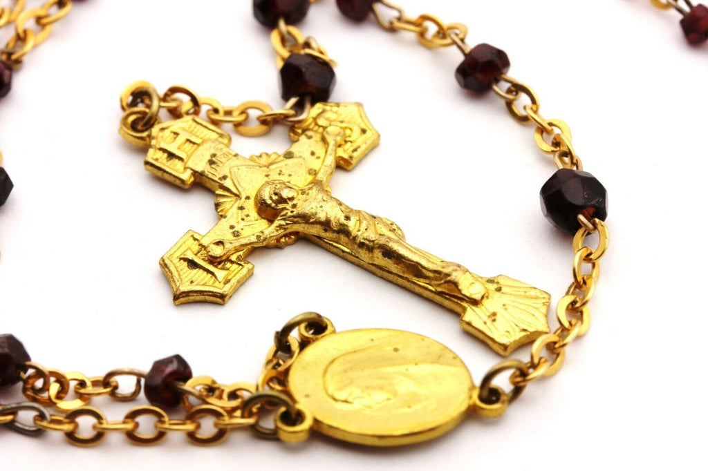 garnet rosary crucifix Czechoslovakia 29 inch necklace 5.5 inch lariat 12.37g