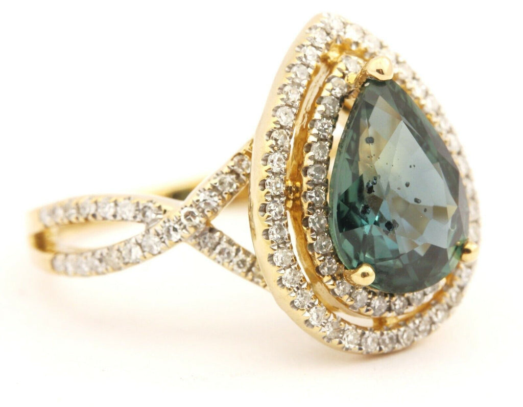 14k yellow gold blue sapphire pear double halo diamond ring size 7 4.40g new