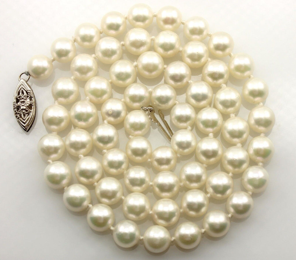 6.5-7mm round white cultured pearl 18" necklace 14k white gold clasp 28.13g NEW