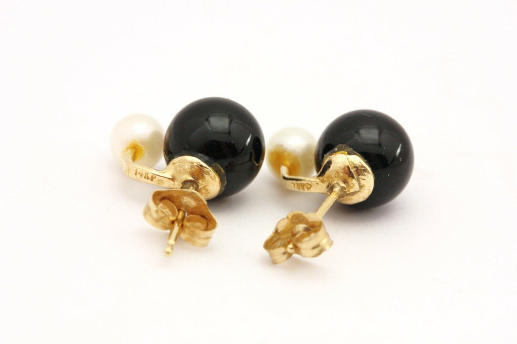 14k yellow gold 8mm black onyx white pearl stud earrings 2.2g estate vintage