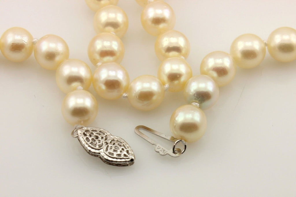 16" 7-7.5mm round cream cultured pearl necklace 14k white gold doubleheart clasp