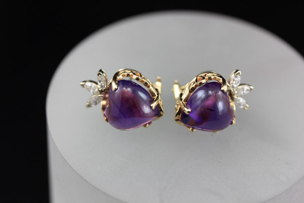 14k yellow gold purple amethyst heart diamond omega pierced earrings estate