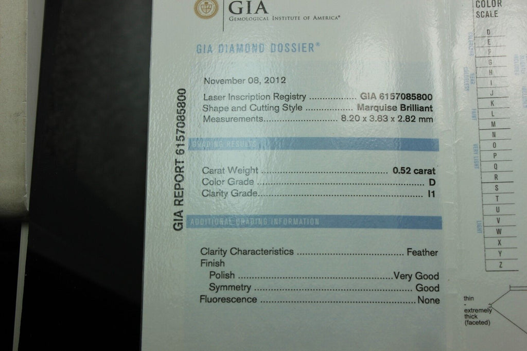 One loose natural diamond .52ct marquise brilliant GIA D I1 8.20x3.83x2.82mm