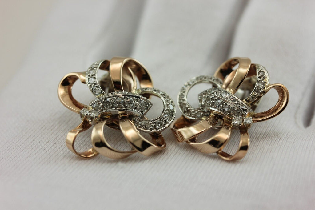 Estate Platinum 10k Rose gold .86ctw diamond butterfly clip on earrings vintage