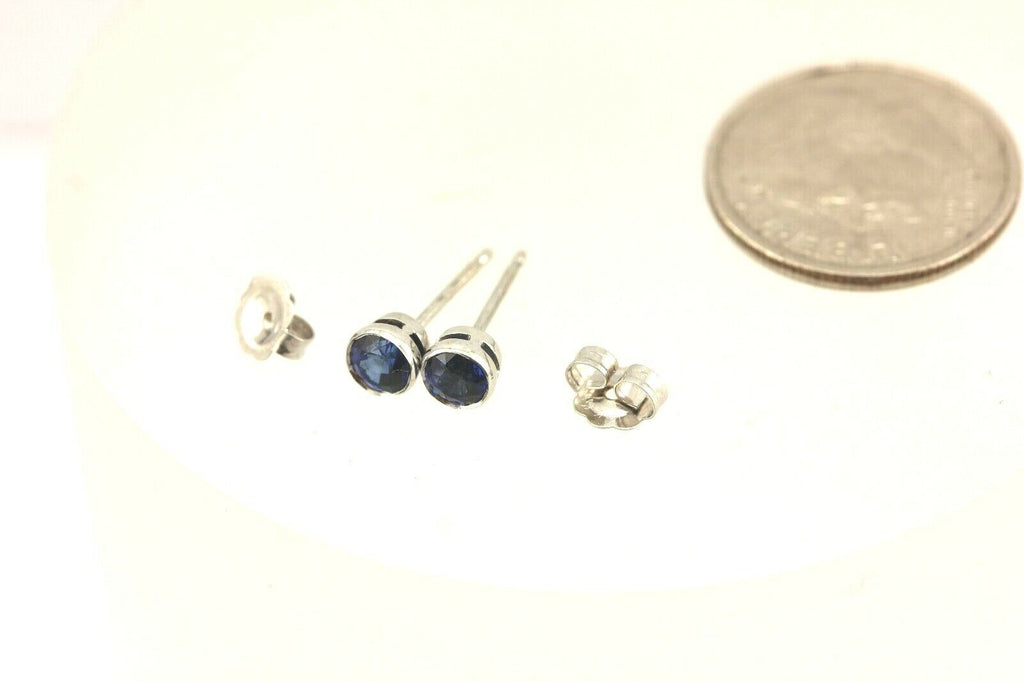 14k white gold 4mm round blue sapphire bezel stud earrings .56ctw estate