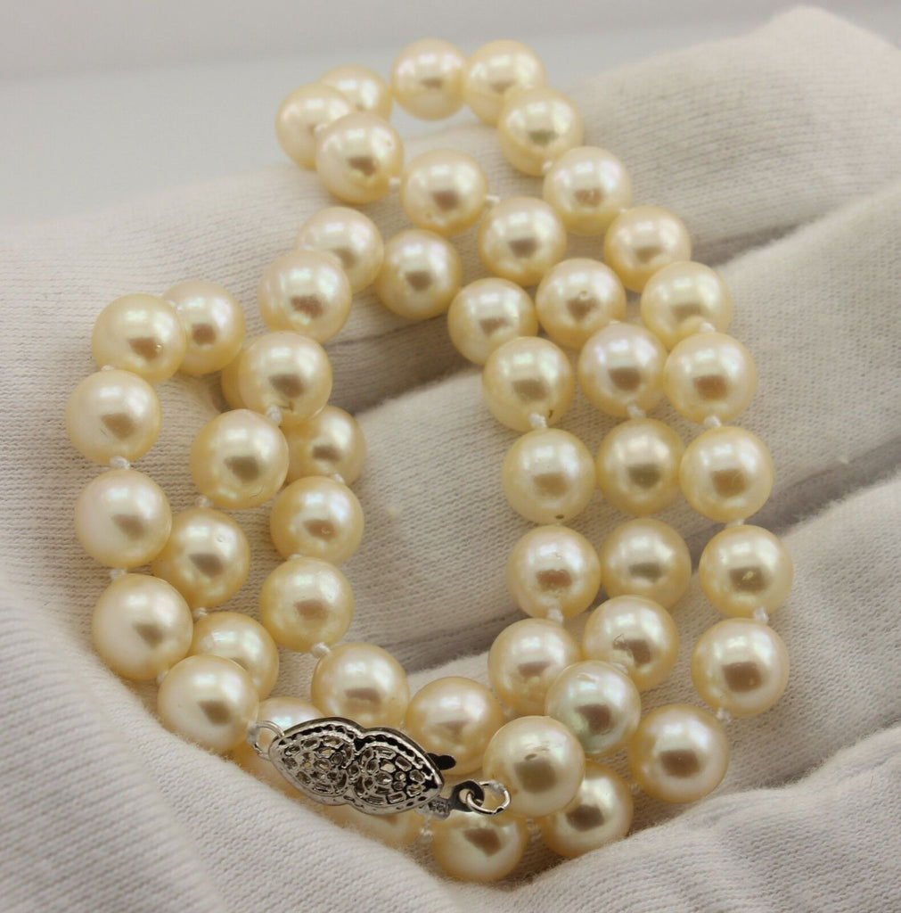 16" 7-7.5mm round cream cultured pearl necklace 14k white gold doubleheart clasp