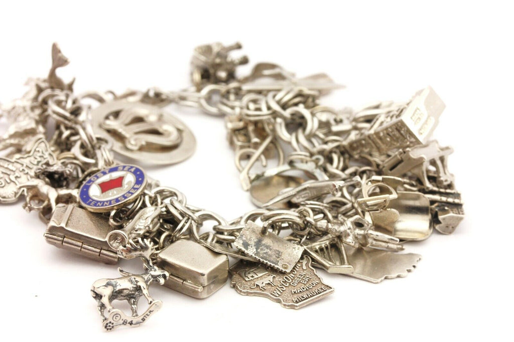 925 sterling silver 108.6g 37 charms 7.5 inch bracelet estate vintage travel