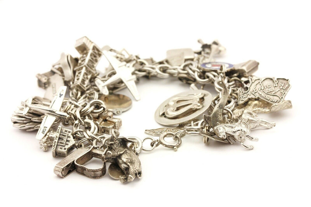 925 sterling silver 108.6g 37 charms 7.5 inch bracelet estate vintage travel