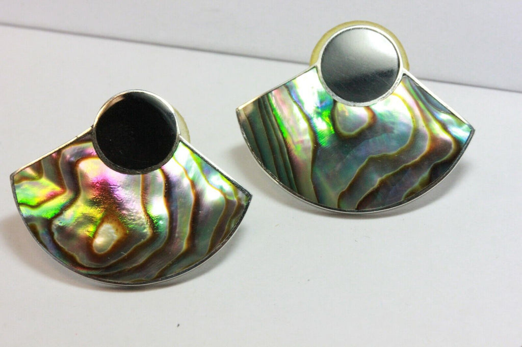 925 sterling silver abalone shell black onyx half moon stud earrings vintage 4g
