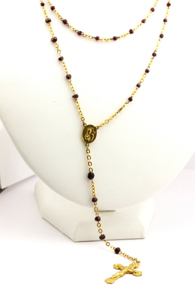 garnet rosary crucifix Czechoslovakia 29 inch necklace 5.5 inch lariat 12.37g