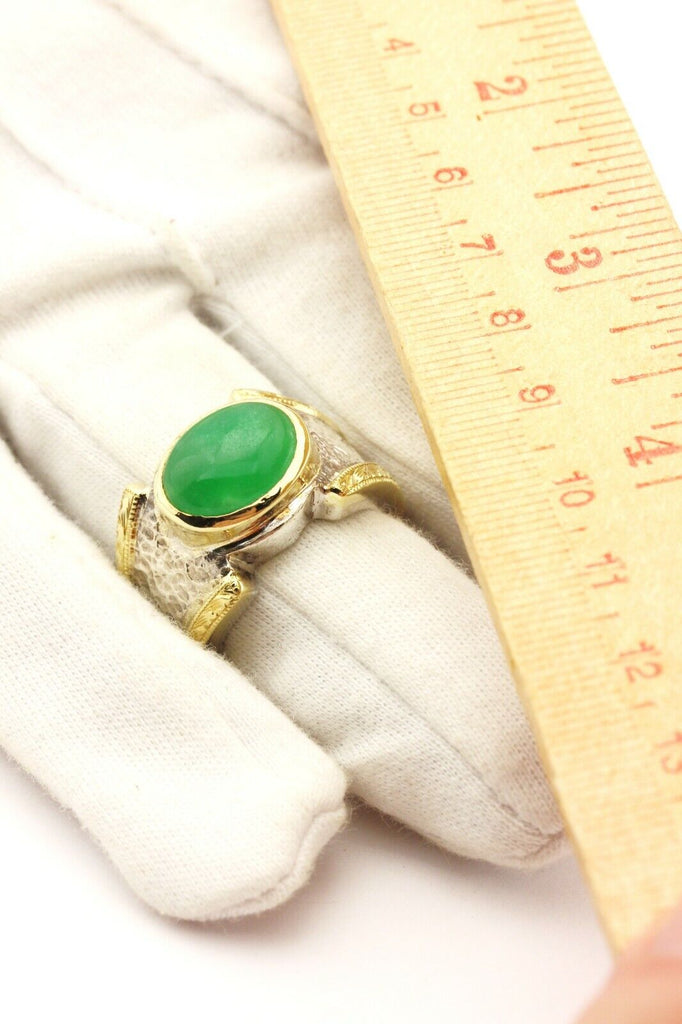 DURAN 18k yellow gold sterling silver dyed green jadeite jade ring size 9 26g