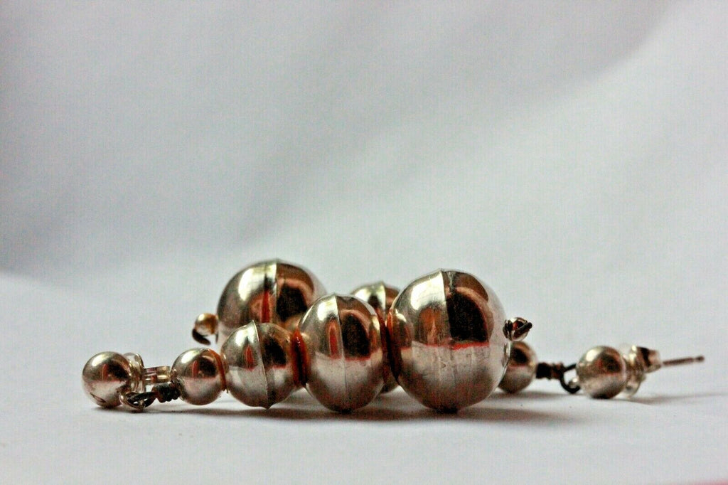 silver drop dangle earrings 2.5 inch graduated hollow beads 3 to12 mm 5.3g stud