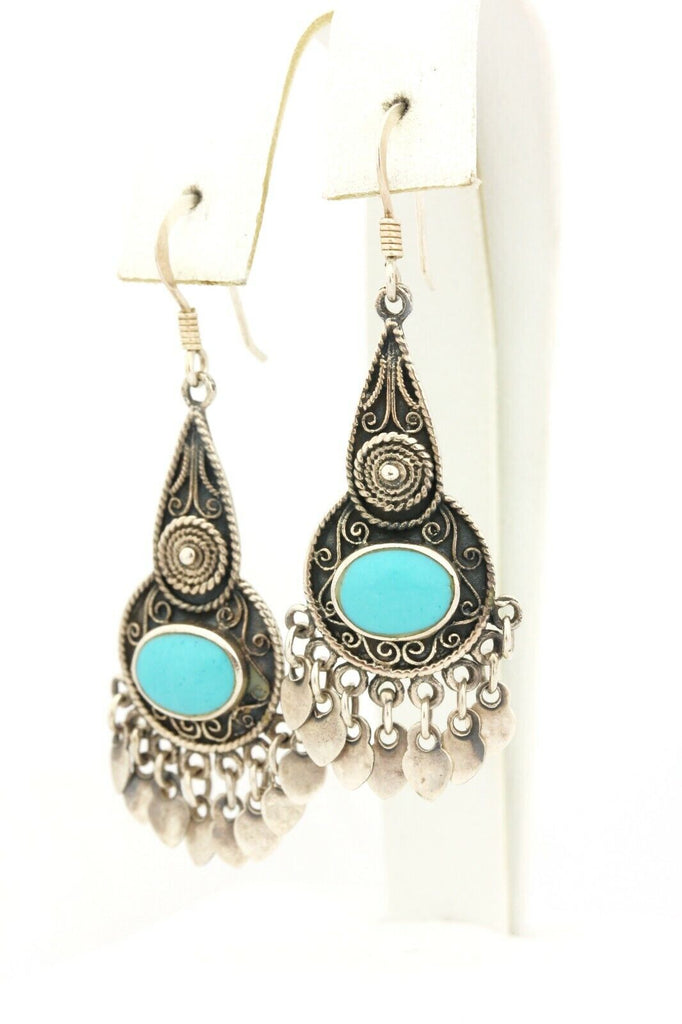 925 sterling silver turquoise hook earrings drop dangle 2.75 inch 5.8g vintage