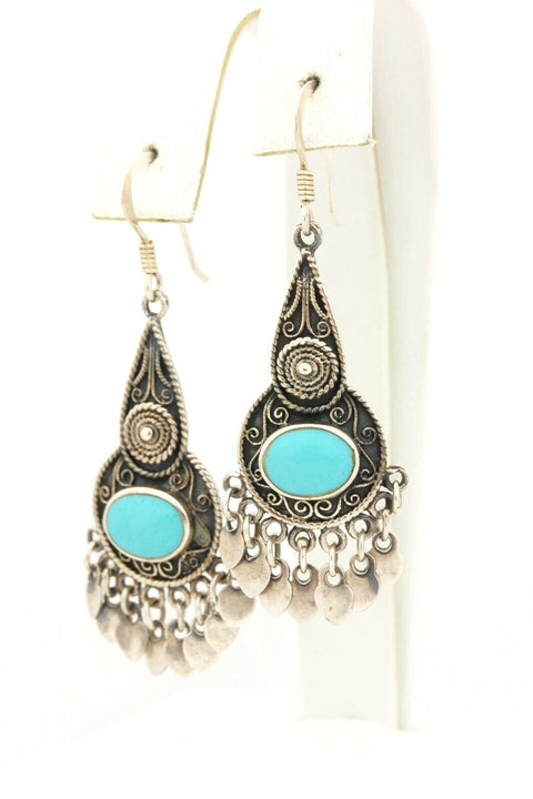 925 sterling silver turquoise hook earrings drop dangle 2.75 inch 5.8g vintage