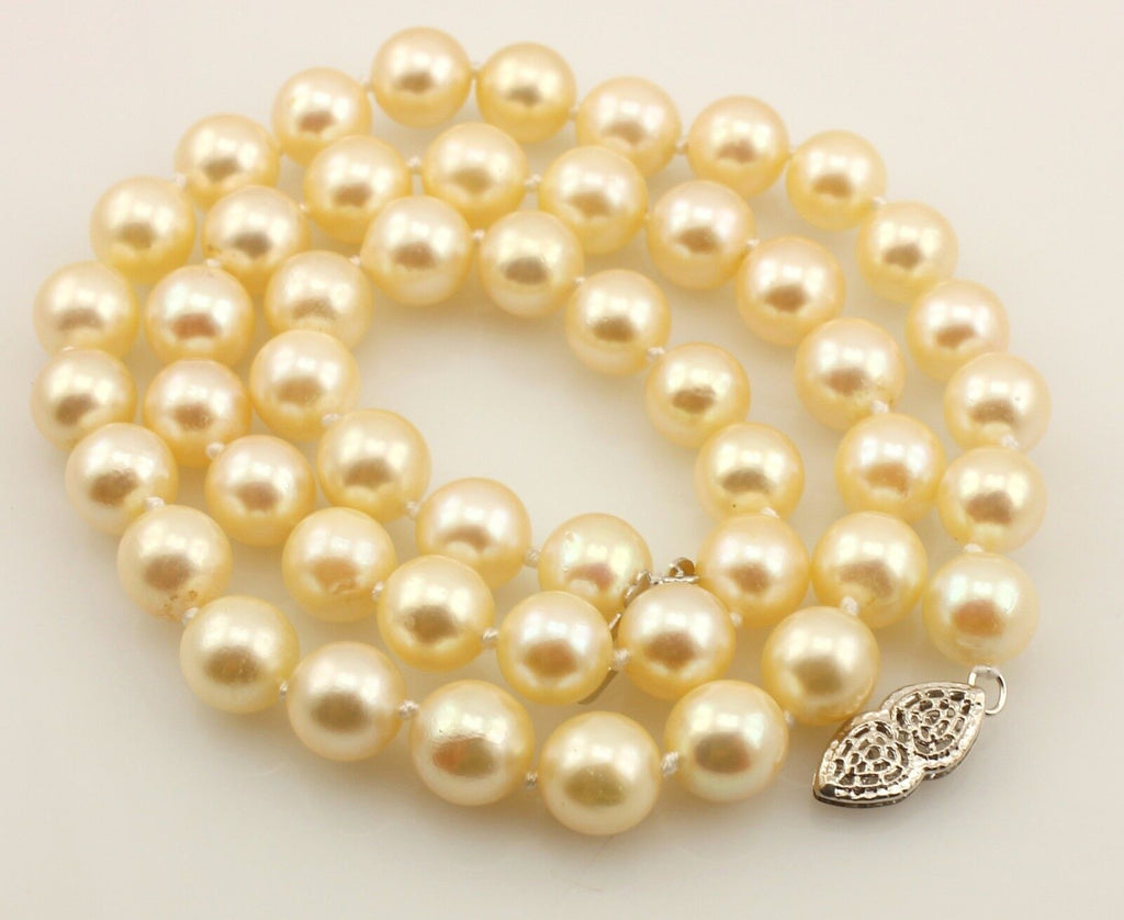 16" cultured pearl necklace 7-7.5mm round cream 14k white gold heart clasp NEW