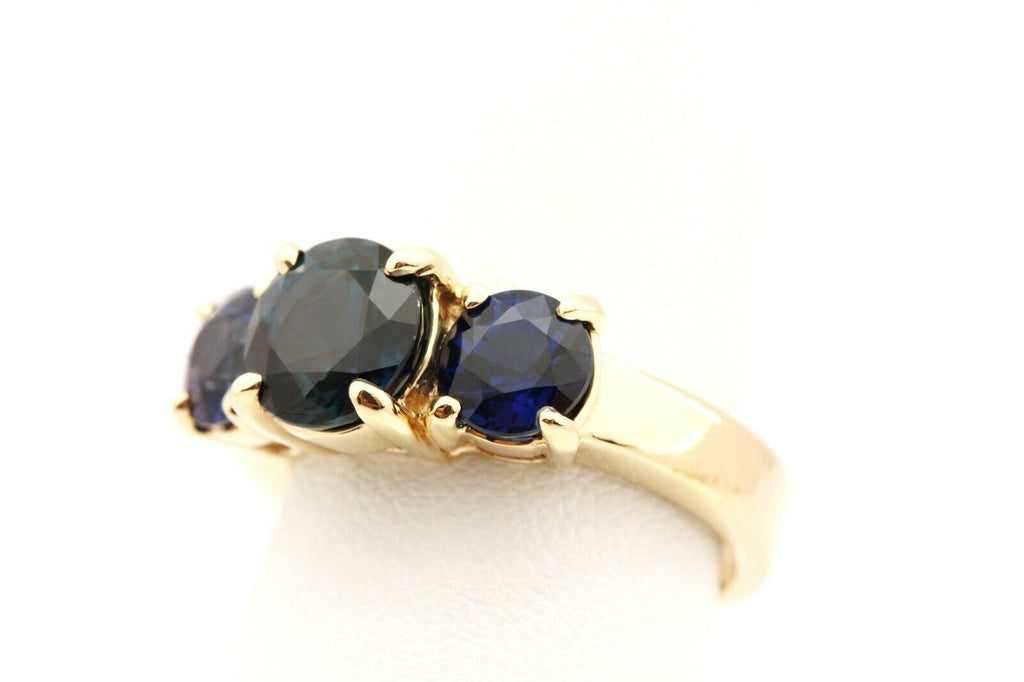 14k yellow gold 3.56ct round blue sapphire 3 stone ring size 6 5.43g estate