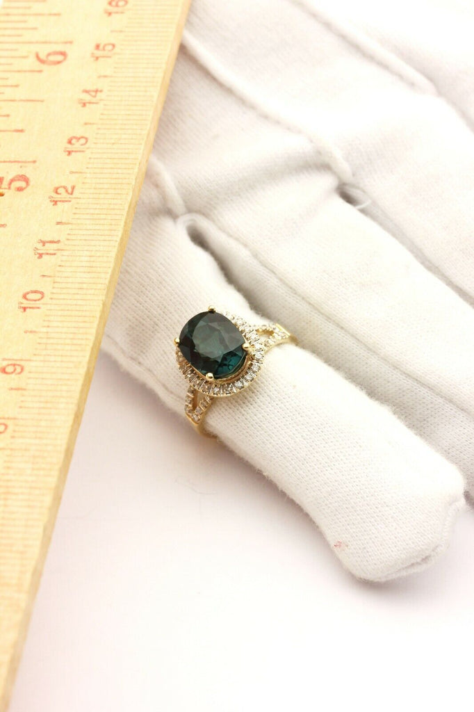 14k yellow gold blue indicolite tourmaline diamond halo ring size 6.25 4.08g